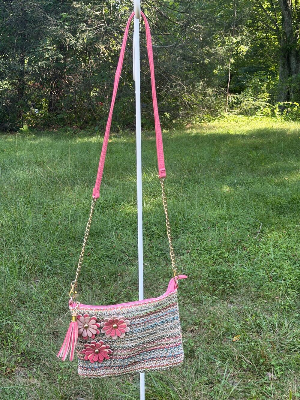 Sondra Roberts Squared Crochet Floral Shoulder Bag Pink Leather Flowers Tassel